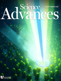 Journal cover Science Advances with vertical laser beam impacting surface with spheres at bottom
