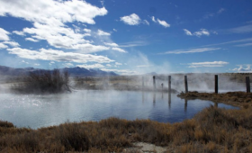 Steam rises from Great Boiling Spring