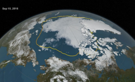Northern hemisphere taken from space, with sea ice line