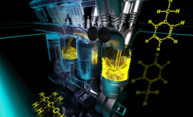 Artist's impression of combustion engine and molecular diagrams