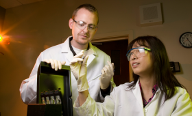Two scientists examine slide