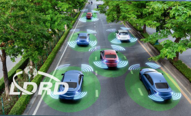 Artist's conception of autonomous vehicles on road