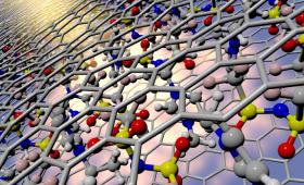 Artist's conception of Synchrotron X-ray beam impinging upon ionic liquid molecules 