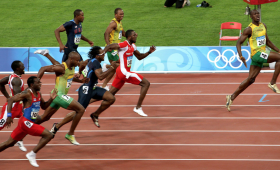 Usain Bolt takes a huge lead in race.