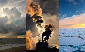 (left) Clouds over dark landscape; (center) power plant with smokestacks; (right) polar ice pack.