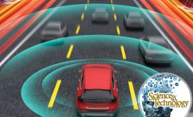 Artist's conception of circular waves emitted by car on road 