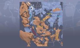 Computer-generated map of United States with 3-D areas of two colors