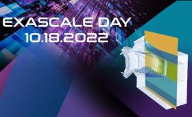 Abstract geometric design of equipment with title Exascale Day 10.18.2022