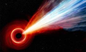 Illustration of a linear jet of particles emerging from black hole (red circle surrounding black interior)