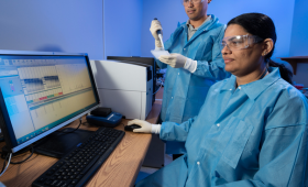 LNL researchers Aimy Sebastian and Nick Hum examine samples of engineered bone marrow that can be used as  a drug-screening platform that offers a protective effect on osteosarcoma (OS) cells that parallel clinical responses and could increase the survival rate of OS patients