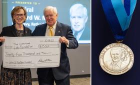 Admiral Richard Mies donated the $25,000 honorarium received with the Foster Medal to the Livermore Lab Foundation. Mies presented LLF Chair Dona Crawford with a check at the Oct. 18 luncheon.