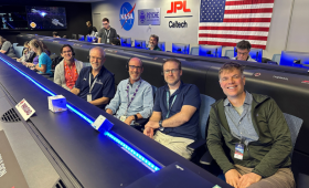 Shown is part of the Psyche Gamma Ray and Neutron Spectrometer (GRNS) and NASA Jet Propulsion Laboratory (JPL) instrument and operation teams at the JPL in Pasadena. Right to left are: Morgan Burks (Lawrence Livermore National Laboratory); Patrick Peplowski, John Goldsten and David Lawrence (all from Johns Hopkins Applied Physics Laboratory); and Maria De Soria Santacruz Pich and Nora Alonge (NASA JPL).