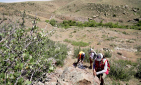 During exploration drilling at the Halleck Creek Rare Earth project, geologists conduct field surface research. 