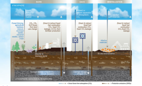 Three major approaches to durable carbon removal.  The figure shows the major carbon fluxes that must be accounted for when evaluating the net amount of carbon removal that can be attributed to a project. 