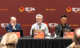 LLNL’s Weapon Simulation and Computing Associate Director Rob Neely speaks during a fireside chat on El Capitan held at the Department of Energy Booth at SC24 on Nov. 18. Panelists also included (l-r) AMD Corporate Fellow Steve Scott, HPE’s Chief Product Officer and Senior Vice President, HPC, AI & Labs Trish Damkroger and NNSA Deputy Assistant Deputy Administrator for Advanced Simulation and Computing Thuc Hoang. 