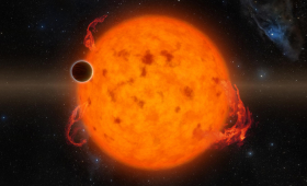 An artist’s conception of the exoplanet K2-33b, a 10-Myr-old, Jupiter-sized planet, transiting in front of its active host star. 