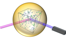 Schematic illustration of the experimental setup. A beryllium capsule (yellow) is compressed, heated and probed by an X-ray source (pink). The scattered photons (purple) are collected by a detector (black). The green dots represent the beryllium ions and the blue-red clouds their electrons. 