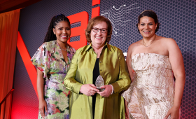 Pictured, from left: Olivia Igbokwe-Curry, Patricia Falcone and Sara Sidner pose for a photo following Falcone’s receipt of the inaugural AI Honors in Public Science Award during the AI Honors Gala hosted by the Washington AI Network on June 3, 2025.