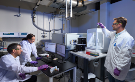 LLNL researchers (from left): Jan Render, Quinn Shollenberger and Greg Brennecka in the laboratory where samples retrieved from the asteroid Bennu were prepared and analyzed.