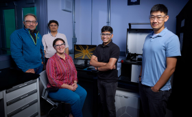 From left: Lawrence Livermore National Laboratory Materials Science Division (MSD) researcher Juergen Biener, Materials Engineering Division(MED) staff engineer Abhinav Parakh, physicist Kristi Beck, physics postdoctoral researcher Sayan Patra, and MED staff engineer Xiaoxing Xia. 