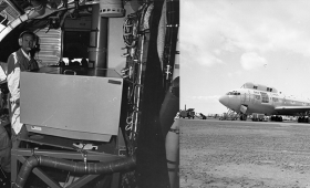 The interior and exterior of the C-135 used to track the 1966 solar eclipse off the coast of Argentina. 