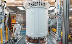 The LUX-ZEPLIN main detector in a surface lab before installation underground.