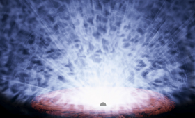An artist’s conception of the quasar PDS 456. Results from the XRISM satellite showed that the supermassive black hole ejects winds at unexpectedly high speeds.