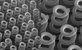 Scanning electron microscope image of 3D-printed helical arrays made by researchers at LLNL. 