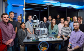The Pandora team with engineering hardware for the telescope.