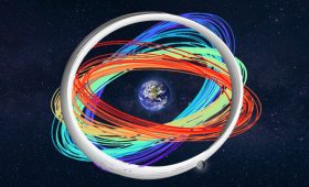 One of one million cislunar orbits calculated by researchers at Lawrence Livermore National Laboratory. The moon’s orbit is shown in light gray. The spacecraft follows the colored path over the six-year simulation period.