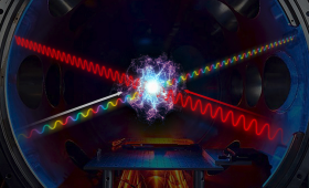 This artist’s conception shows the novel crossed-beam energy transfer (CBET) technique for measuring plasma conditions. The pump beam, shown with red wavelengths, is intersected by a weaker broadband probe beam, shown with multiple colors. Information about the plasma’s conditions is imprinted on to the spectrum of the probe beam via energy transferred from the pump beam via plasma waves. 