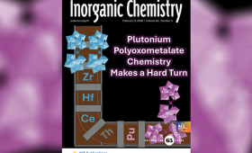 The cover of the Inorganic Chemistry journal for February 2026. The illustration shows that cerium, thorium and zirconium Keggin complexes form parallel arrangements (blue), whereas plutonium complexes organize themselves in a perpendicular fashion (pink).