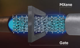 Schematic showing the setup for ion transport through a MXene membrane. Researchers at Lawrence Livermore National Laboratory (LLNL) discovered that applying an electric field to the gate can change the efficiency of the molecular transport through the membrane. 