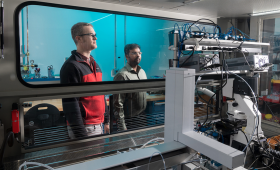 LLNL scientists Nicholas Watkins and Sankar Raju Narayanasamy run a high-throughput screening system to test hundreds of enzymes for their ability to break down cellulose