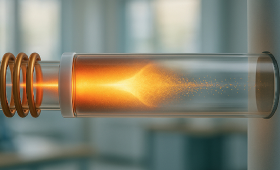 A diagram of the plasma flow reactor that can be used to examine particles as they move from a hot plasma (left) to a cooler condensed state (right).