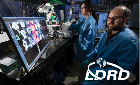 LLNL researchers replicated the complex architecture of the small intestine, as seen on the computer monitor, for a novel gut-on-a-chip microfluidic device. Shown here are Lindy Jang, lead author on a publication about the work, and Michael Triplett, the chip designer